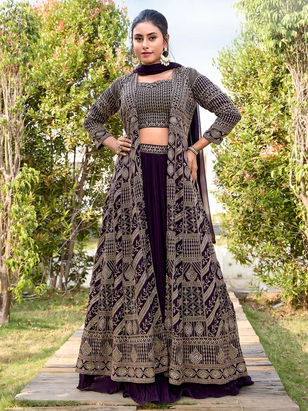 Purple georgette jacket style palazzo suit