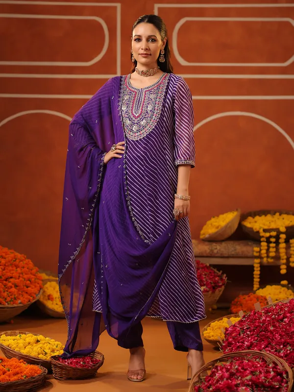 Purple georgette printed kurti set with dupatta