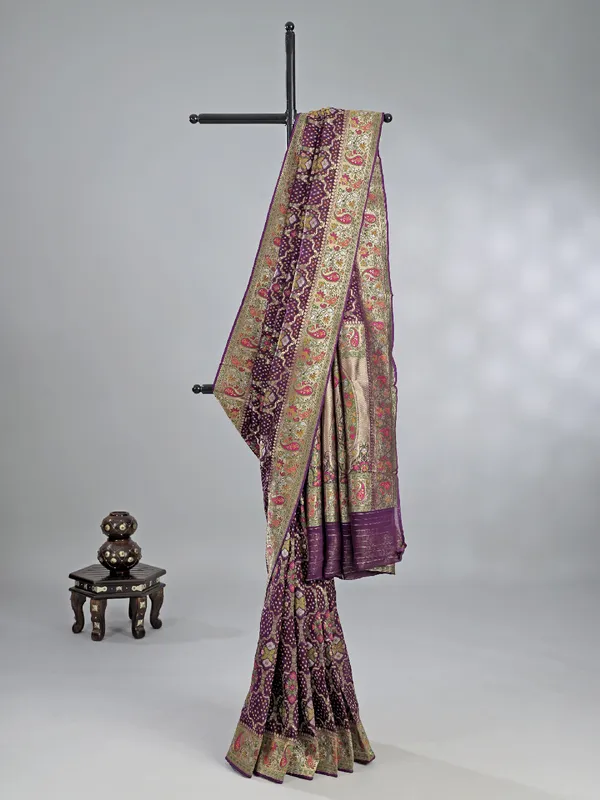 Purple georgette saree with colorfull motifs and print