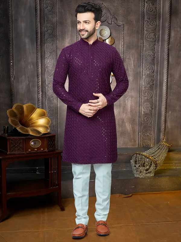 Purple georgette sequins kurta suit for men