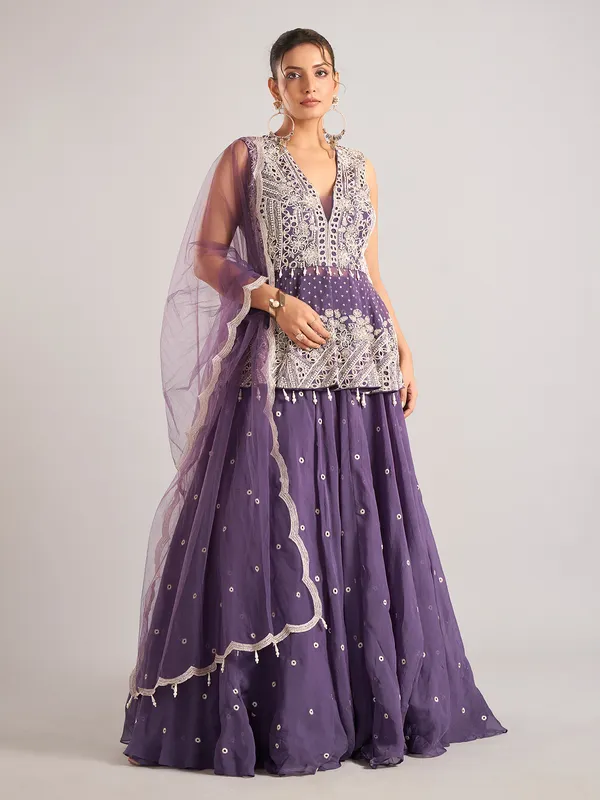 Purple georgette sleeveless lehenga suit with dupatta