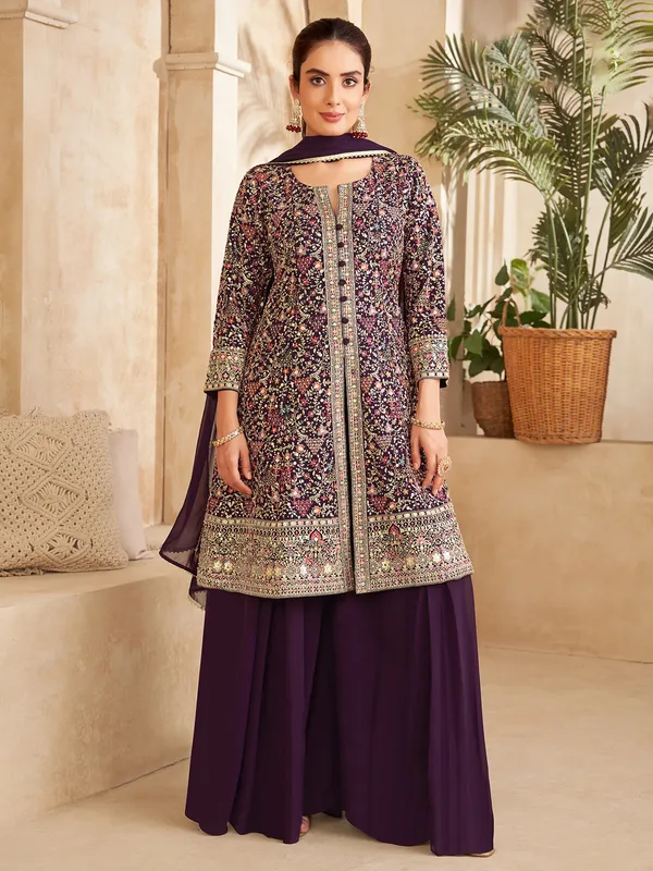 Purple georgette worked palazzo suit