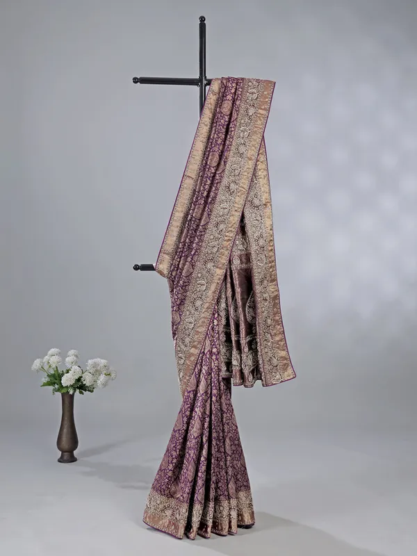 Purple kanjivaram silk blouse with cutdana and beads work