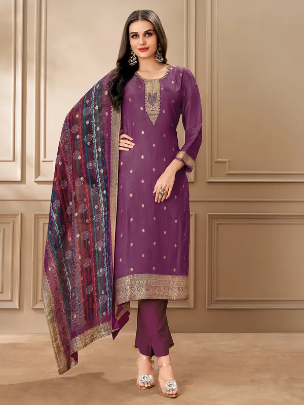 Purple organza salwar suit with zari work