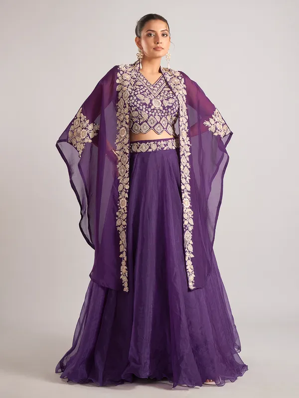 Purple organza shrug lehenga choli with resham work