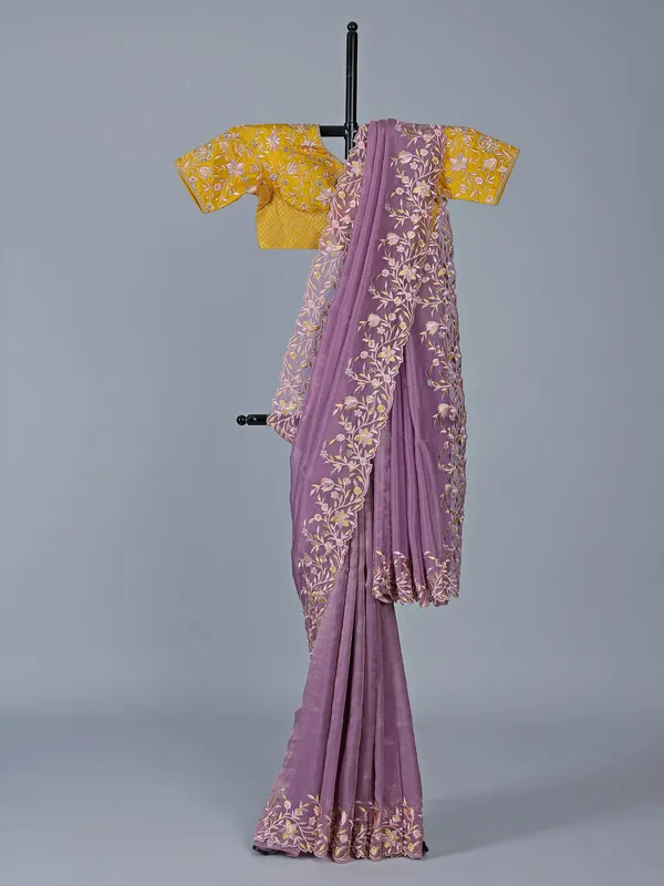 Purple organza wedding saree with stitched blouse