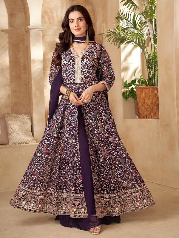 Purple palazzo georgette with rich embroidery work
