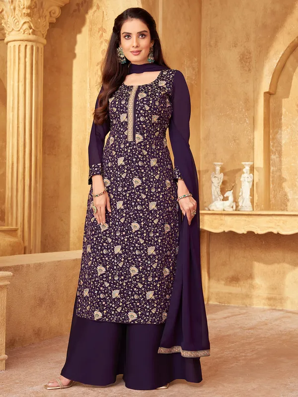 Purple palazzo suit in soft georgette for women with palazzo