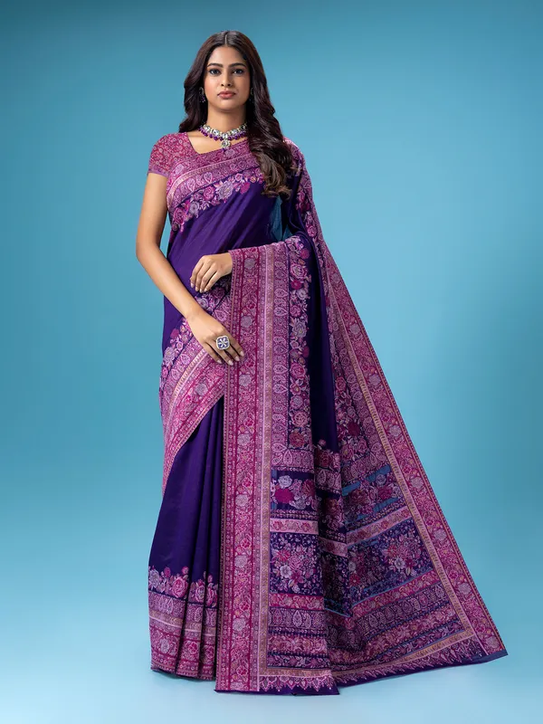 Purple pashmina wedding wear silk saree