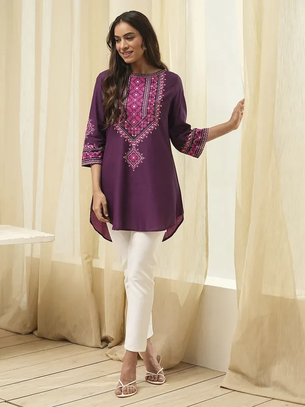 Purple printed casual cotton silk kurti