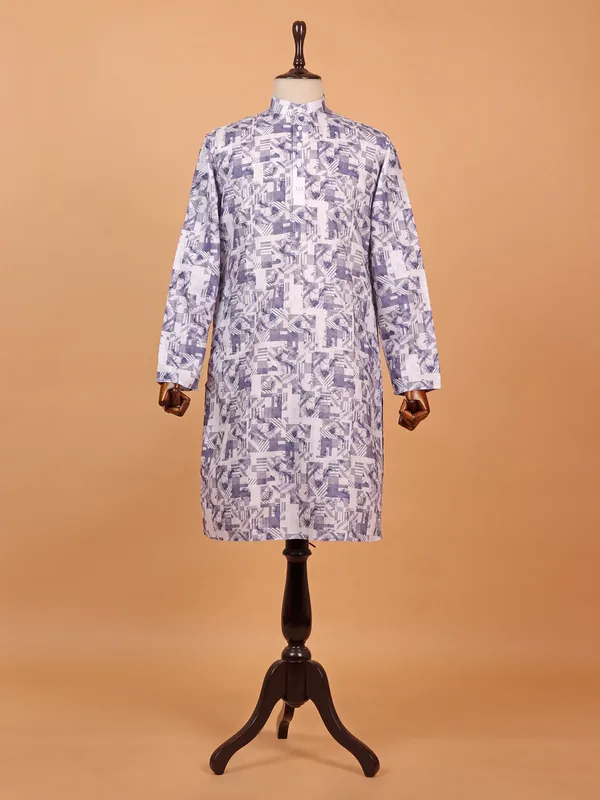 Purple printed cotton kurta suit for men