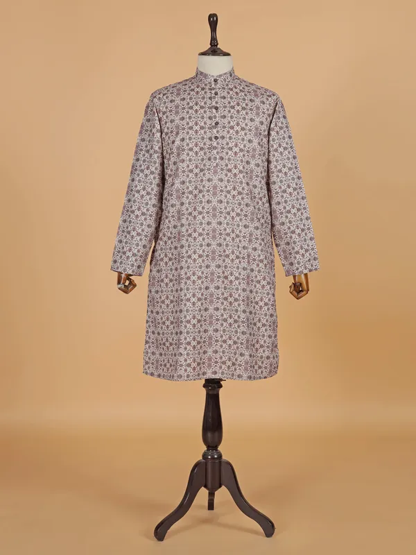 Purple printed cotton silk kurta set