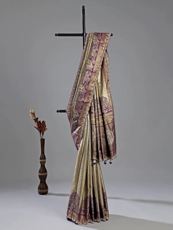 Purple printed cotton silk saree with wedding shine