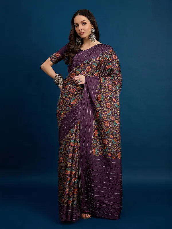 Purple printed cozi silk saree with thread work