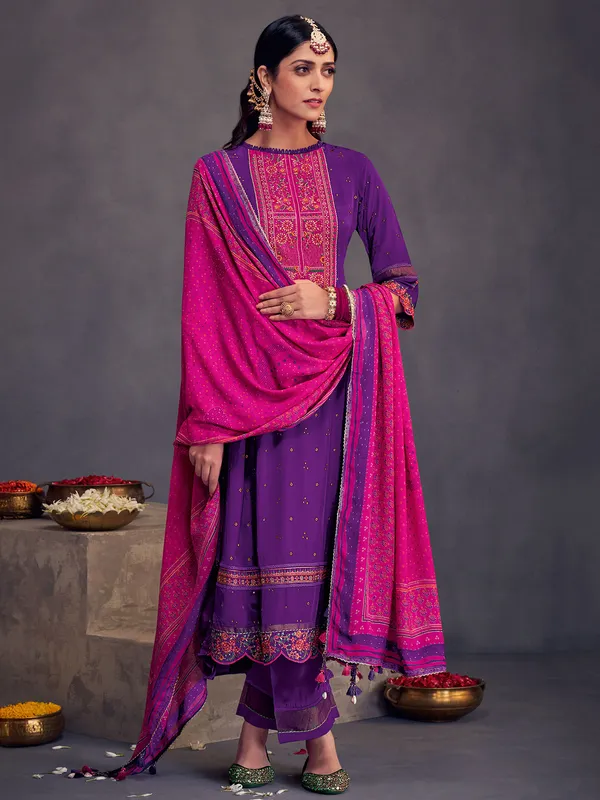 Purple printed crepe salwar suit