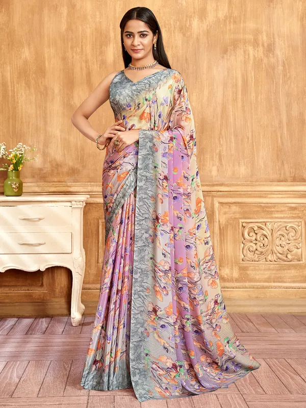 Purple printed crepe saree
