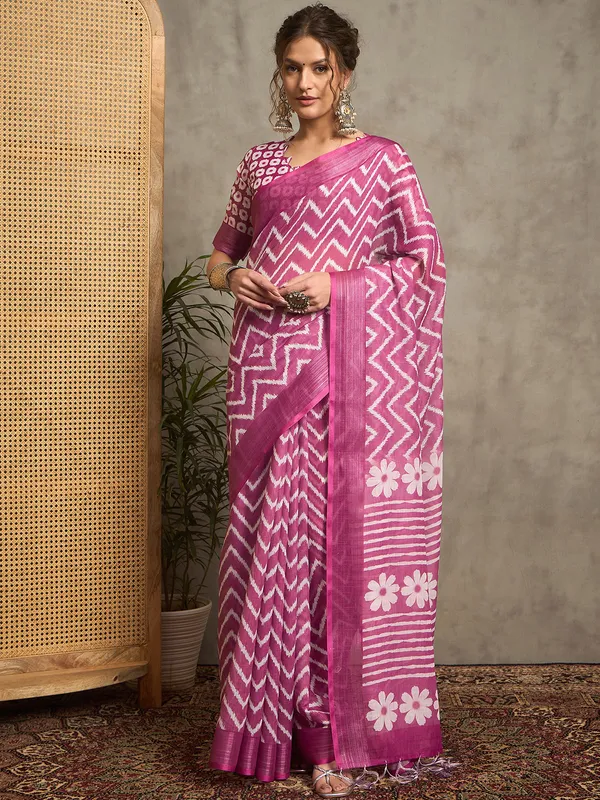 Purple printed pure linen saree