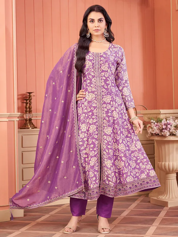 Purple printed salwar suit in silk