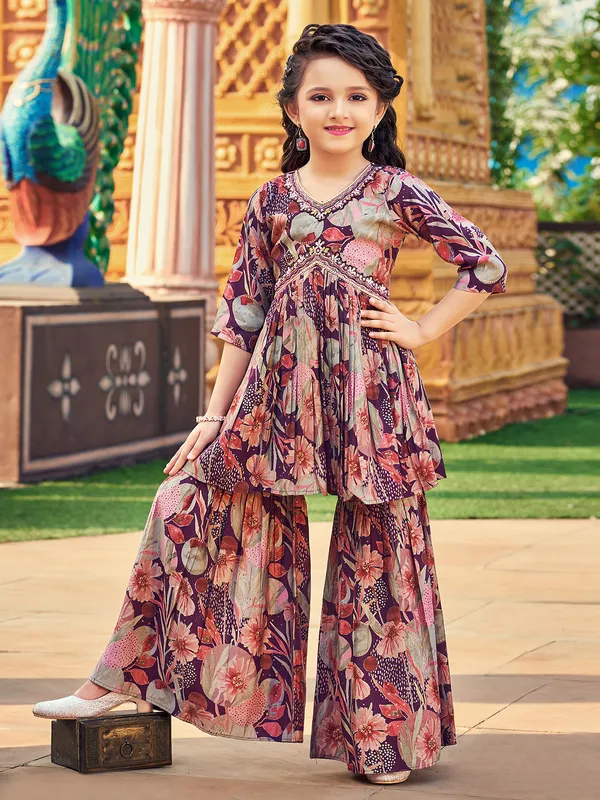 Purple printed sharara suit in georgette