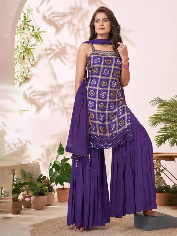 Purple printed sharara suit with heavy embellishments