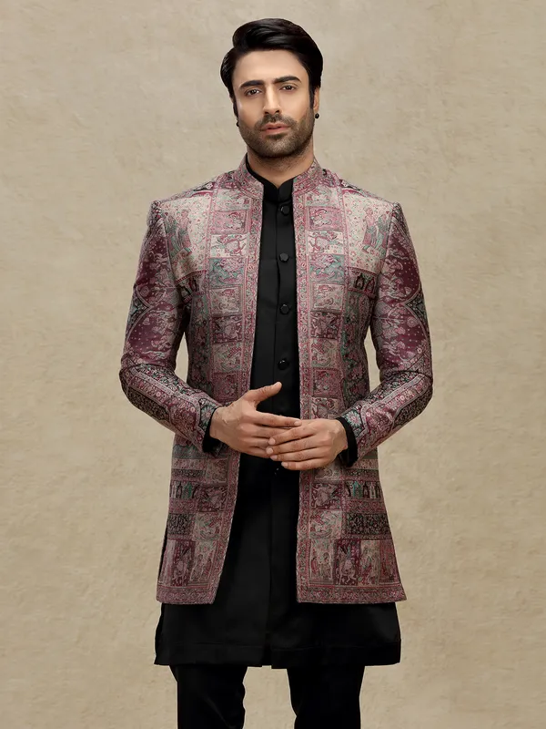 Purple printed silk indo western for mens