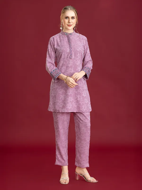 Purple printed silk pant co-ord for casual wear