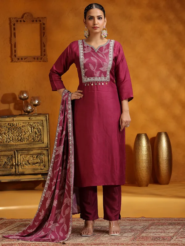 Purple printed silk salwar suit for festive
