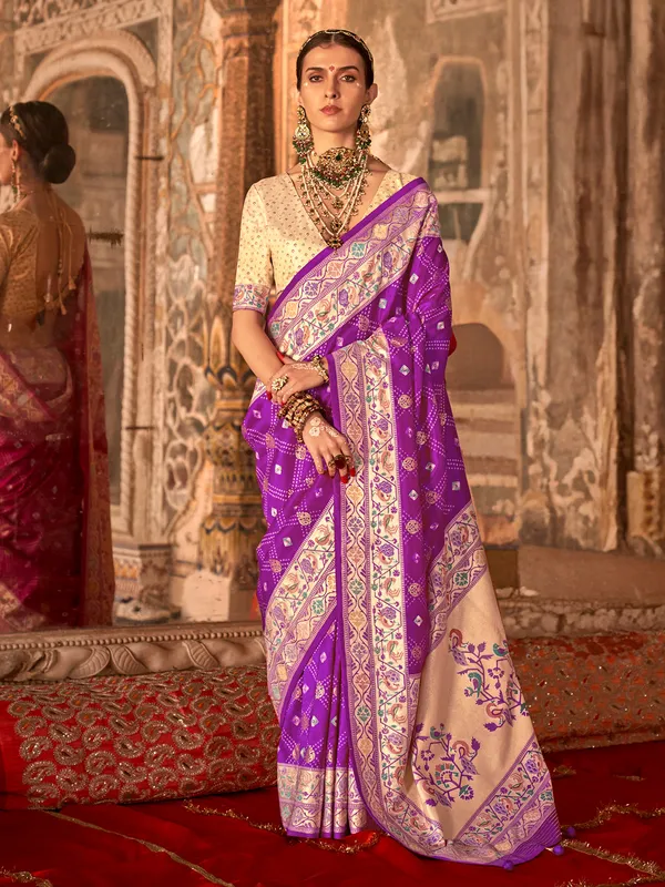 Purple printed silk saree for wedding wear