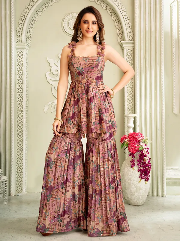 Purple printed silk sharara Suit with coin and mirror work