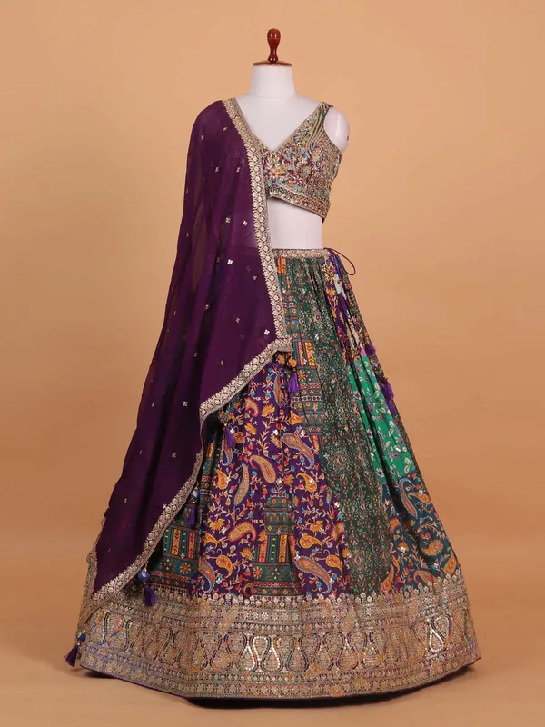 Purple printed silk sweet heart choli suit