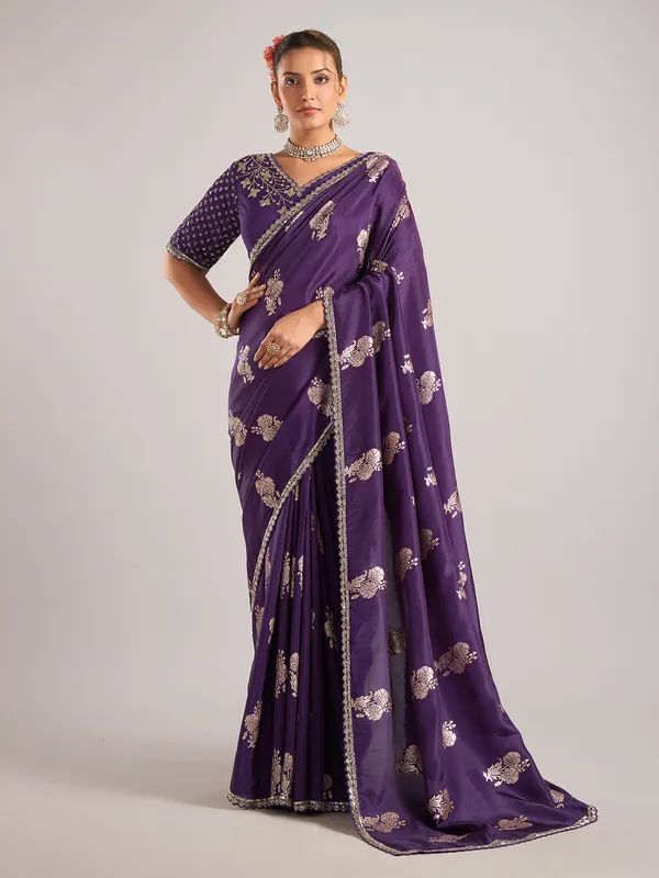 Purple pure dola silk saree with zardosi and zari