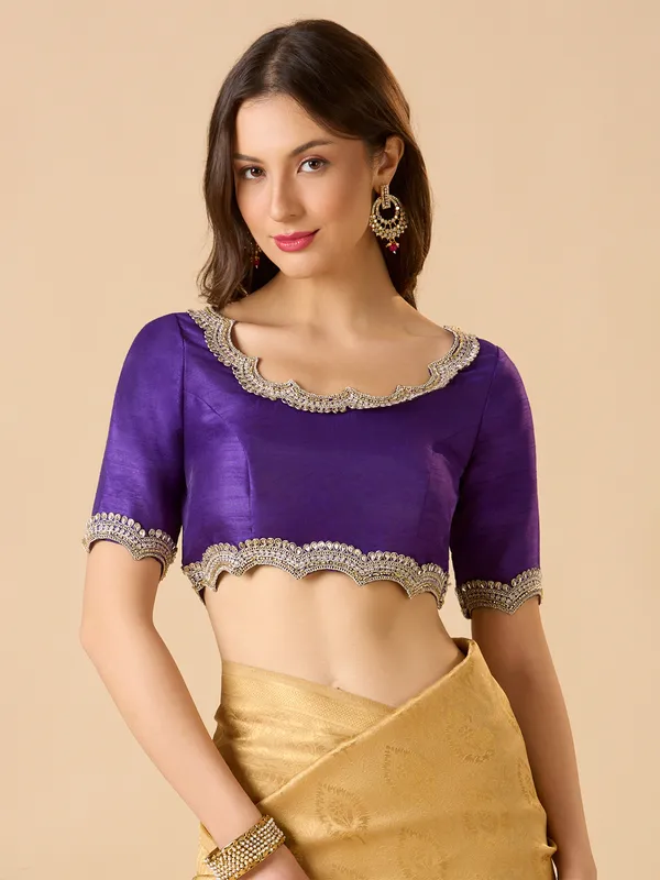 Purple raw silk ready made blouse with resham work