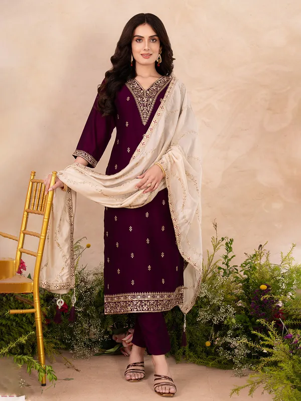 Purple resham silk salwar suit for festival