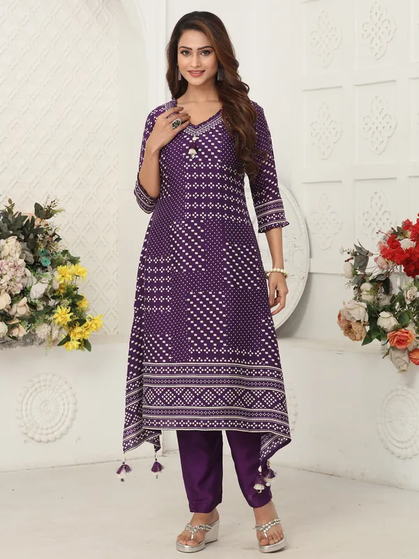Purple russian silk printed kurti set for women