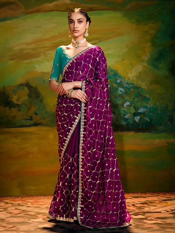 Purple saree in stunning satin silk