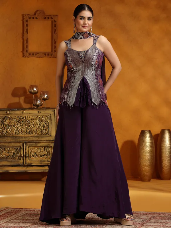 Purple satin silk palazzo suit with dupatta