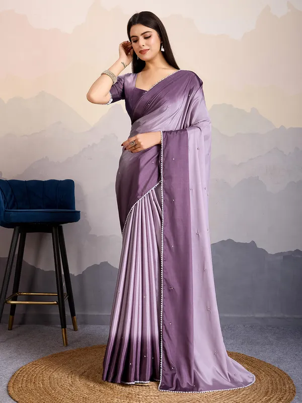 Purple satin silk saree with beads work