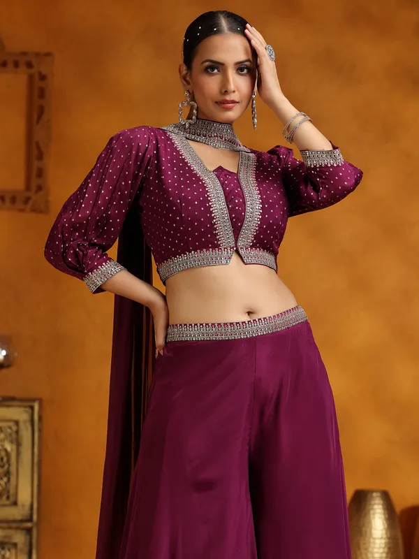 Purple satin silk wedding wear palazzo suit