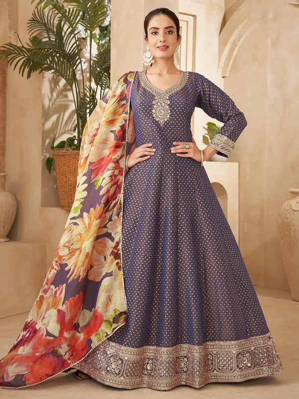 Purple silk anarkali suit with printed dupatta