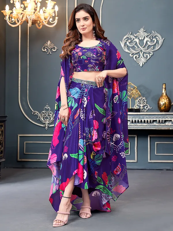 Purple silk designer suit with print