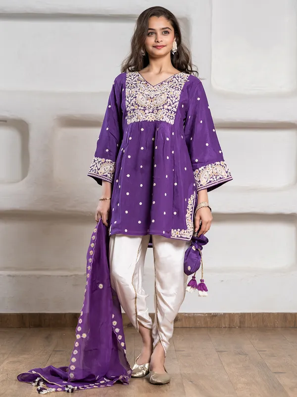 Purple silk dhoti suit with aabla and embroidery