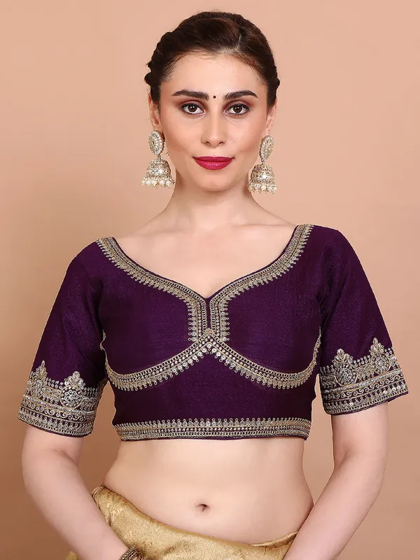 Purple silk embroidered blouse with sweetheart neck