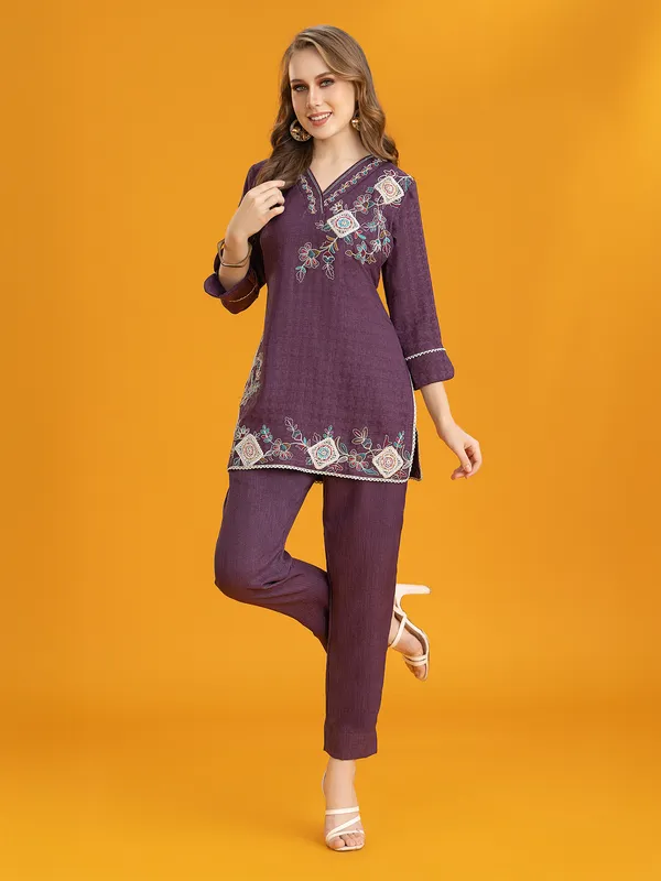 Purple silk embroidered pant co-ord set