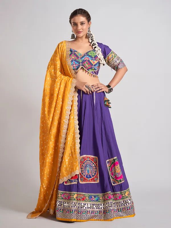 Purple silk mirror work chaniya choli with dupatta
