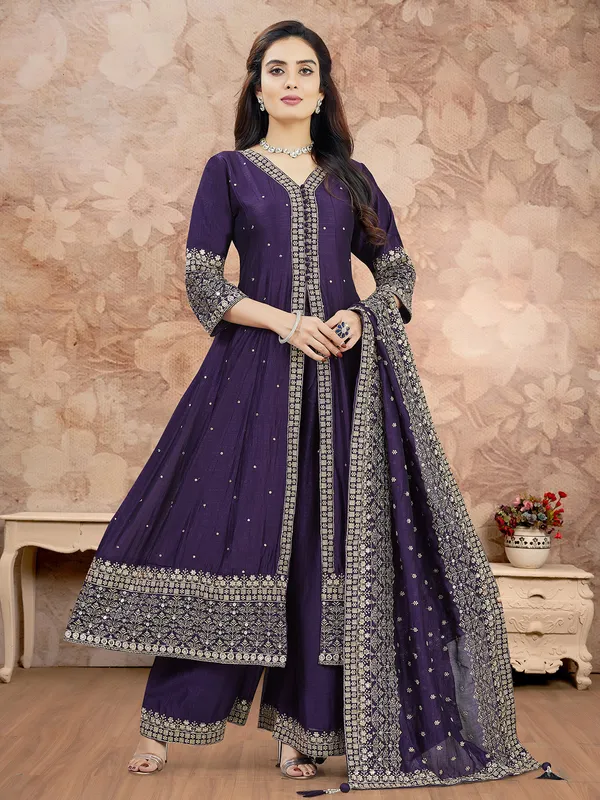 Purple silk palazzo suit in pakistani suit