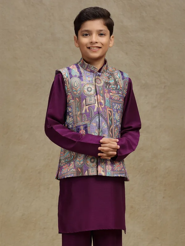 Purple silk printed boys waistcoat set