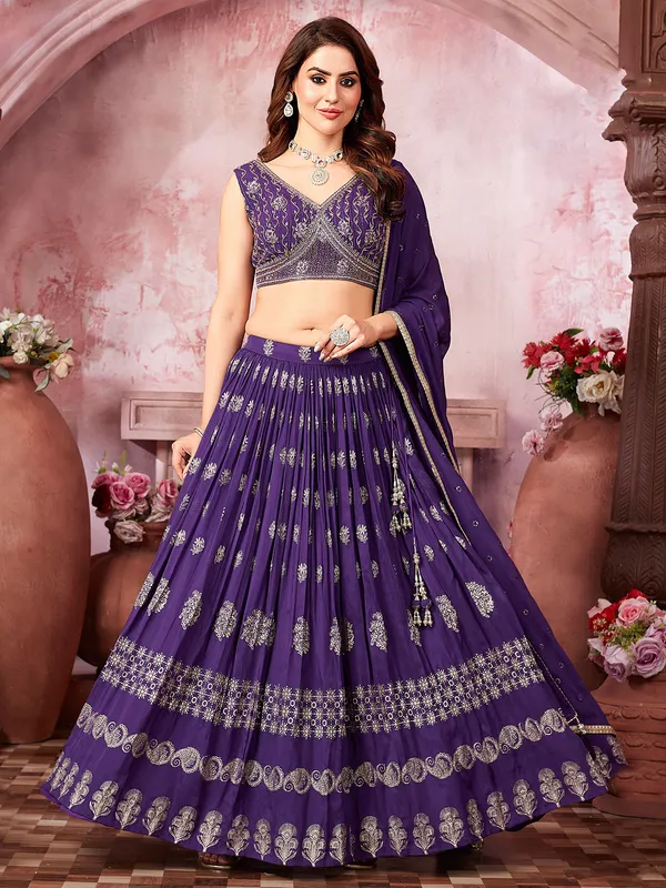 Purple silk printed lehenga choli for wedding