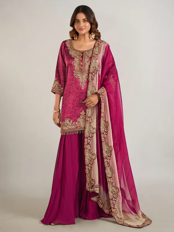 Purple silk printed pakistani palazzo suit