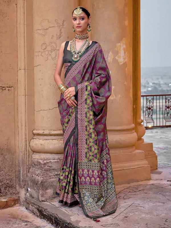 Purple silk printed pattern saree for women