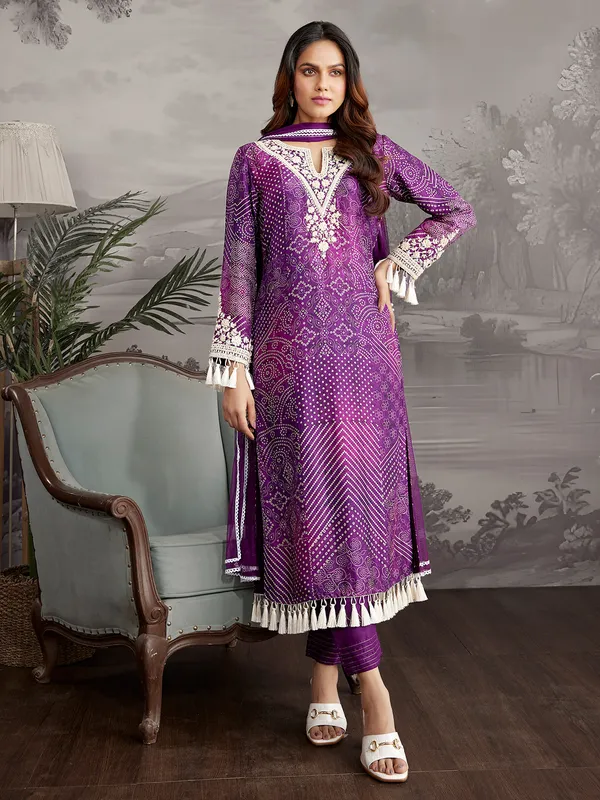 Purple silk printed salwar suit with dupatta